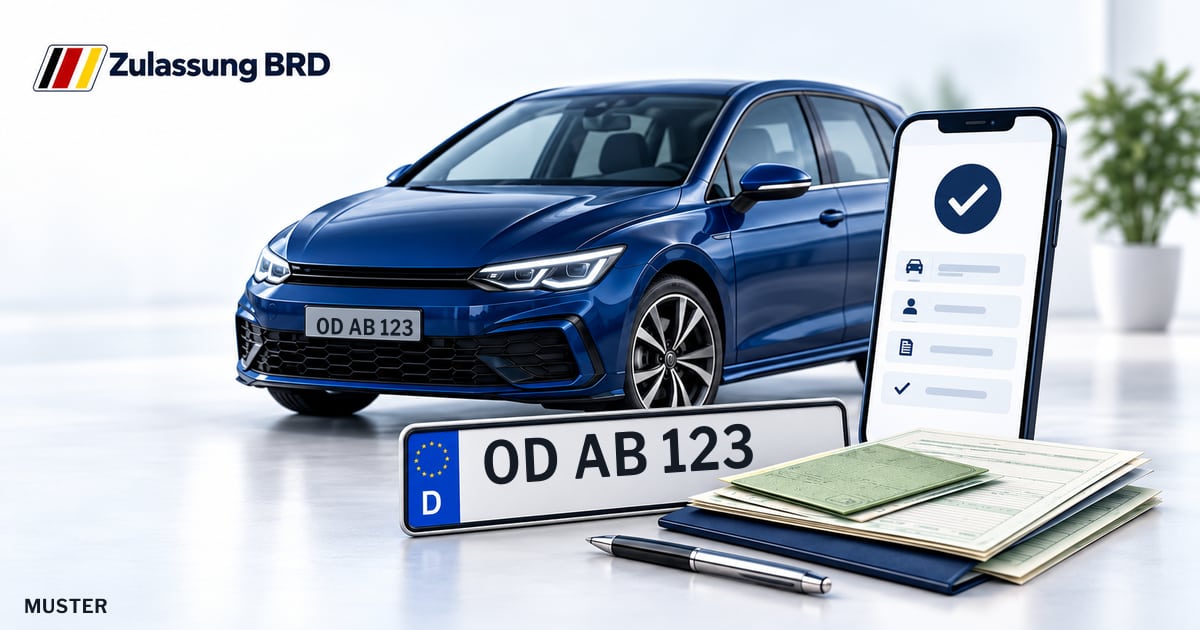 Online Fahrzeugzulassung in Bargteheide: Musterkennzeichen OD AB 123, Auto und Fahrzeugpapiere und Smartphone. Illustration mit Logo von Zulassung BRD.